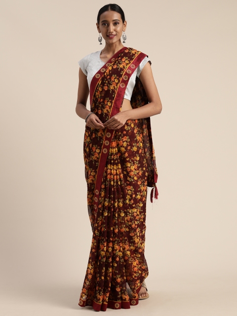 

Satrani Maroon & Yellow Pure Chiffon Floral Printed Saree
