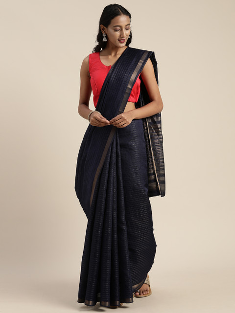 

Satrani Navy Blue Striped Poly Silk Saree
