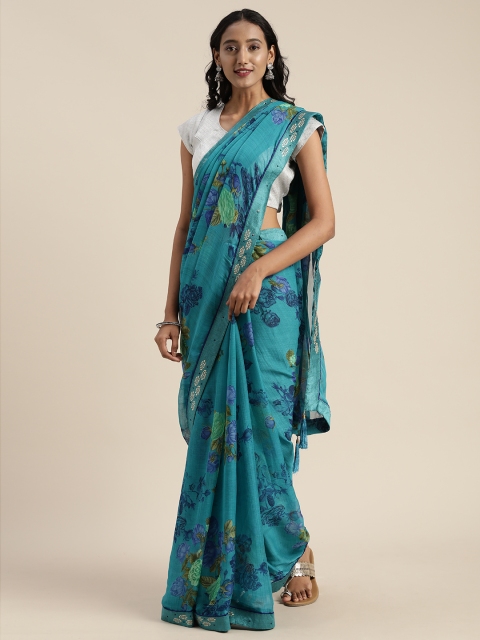 

Satrani Teal Blue Floral Printed Pure Chiffon Saree