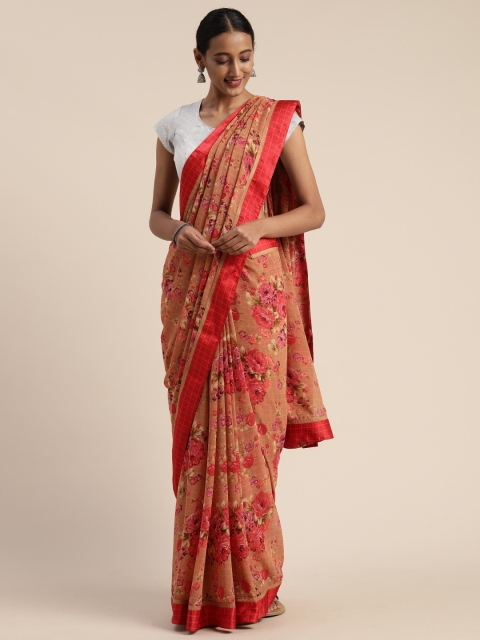 

Satrani Beige & Orange Pure Georgette Floral Printed Saree