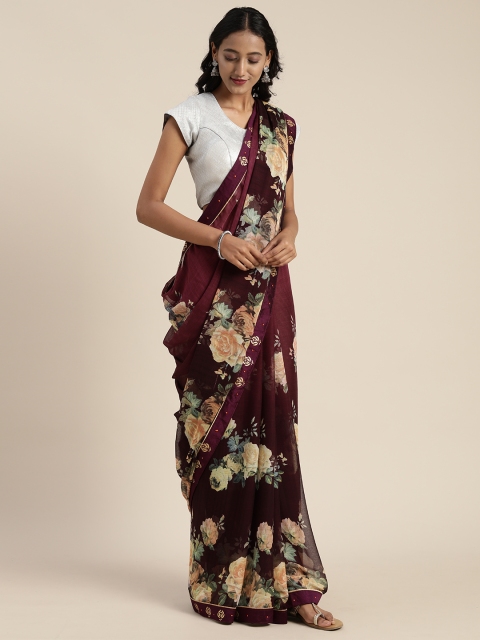 

Satrani Burgundy & Beige Pure Chiffon Floral Printed Saree