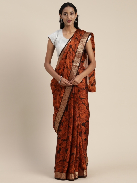 

Satrani Coral Orange & Brown Pure Chiffon Floral Printed Saree