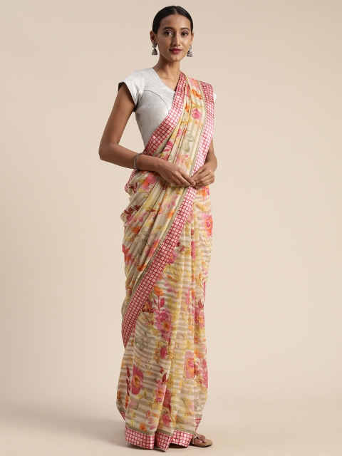 

Satrani Cream-Coloured & Peach-Coloured Pure Georgette Floral Printed Saree