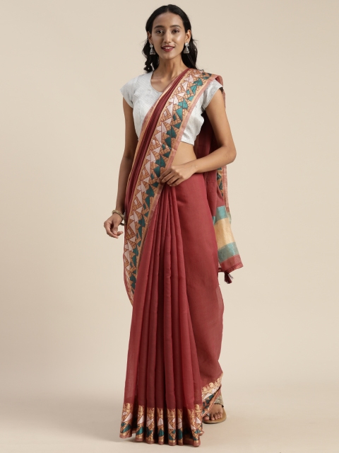 

Satrani Brick Red Silk Blend Solid Chanderi Saree