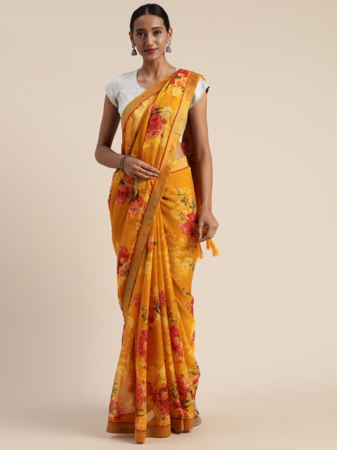 

Satrani Mustard Yellow Floral Printed Pure Chiffon Saree