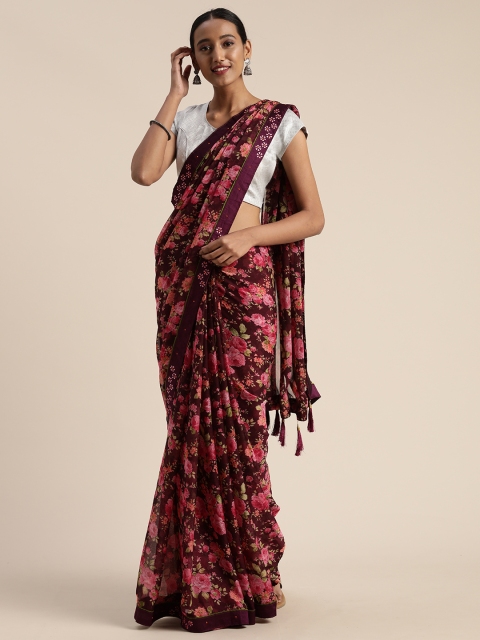 

Satrani Burgundy Floral Printed Pure Chiffon Saree