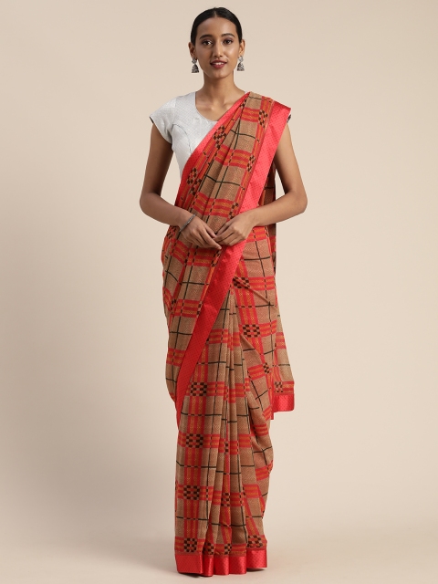 

Satrani Beige & Red Pure Georgette Checked Saree