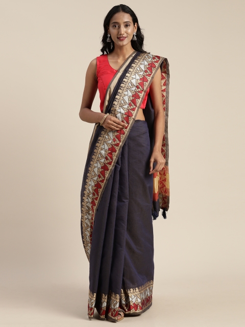 

Satrani Navy Blue Silk Blend Solid Chanderi Saree