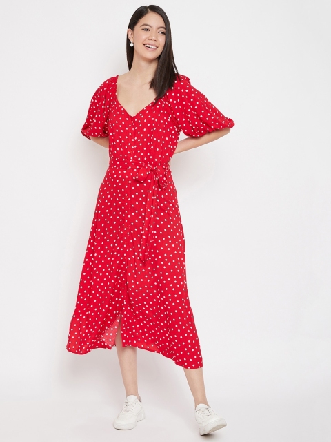 

Femella Women Red & White Polka Dots Print Midi A-Line Dress with Belt