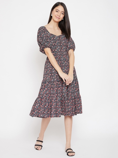 

Femella Women Black & Coral Red Floral Print Tiered Midi A-Line Dress