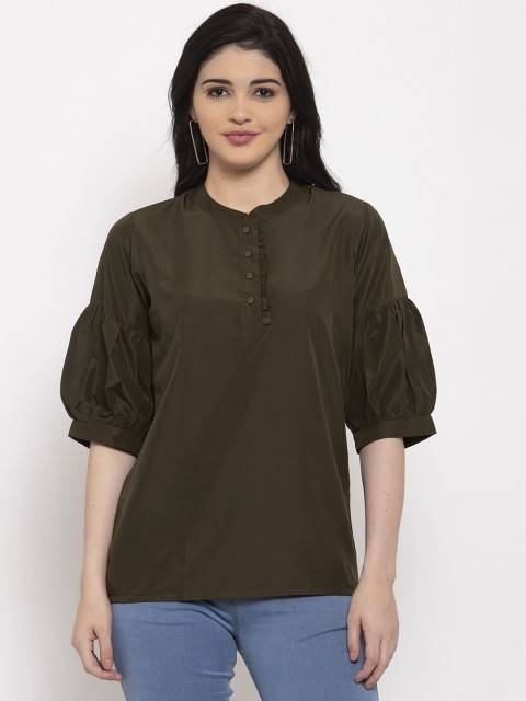 

ANAISA Women Olive Green Solid Regular Top with Ruffle Detail
