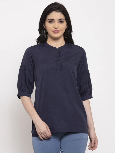 

ANAISA Women Navy Blue Solid Regular Top with Ruffle Detail