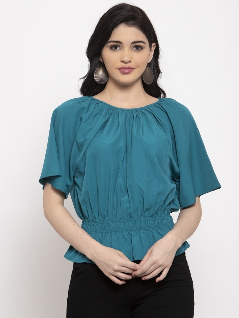 

ANAISA Women Teal Blue Solid Cinched Waist Top with Tie-Ups