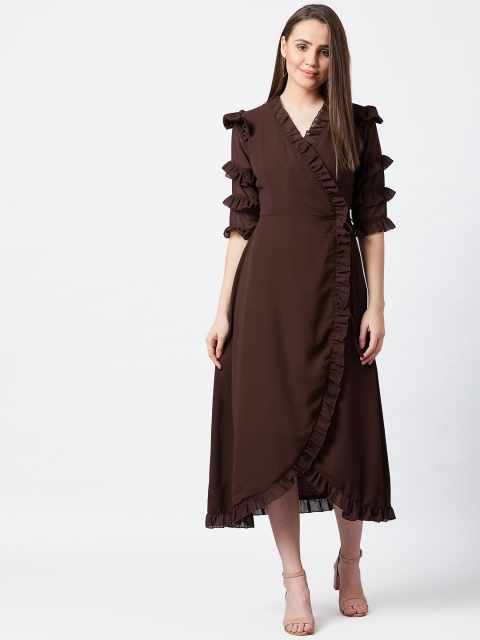 

PANIT Women Coffee Brown Ruffled Solid Midi Wrap Dress