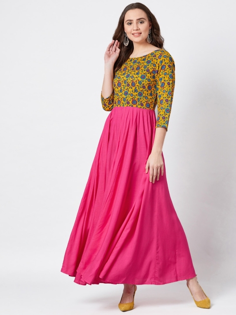 

PANIT Women Yellow & Pink Floral Print Maxi Fit & Flare Dress