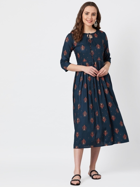 

PANIT Women Navy Blue & Orange Ethnic Motifs Print Midi A-Line Dress