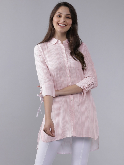 

Tokyo Talkies Women Pink & White Regular Fit Striped Longline High-Low Casual Shirt