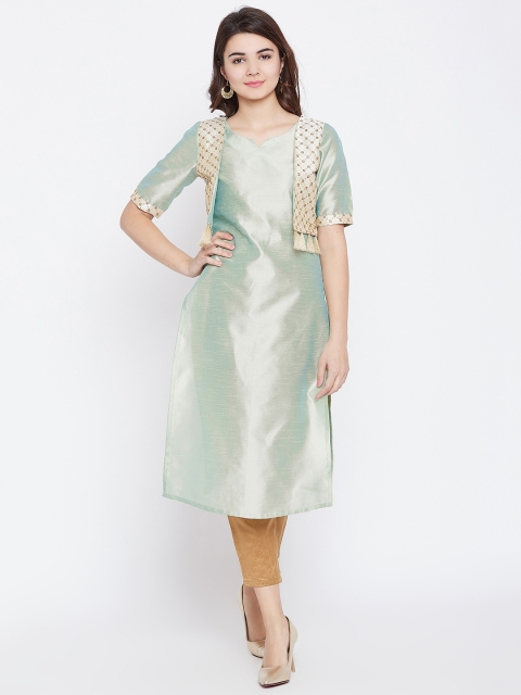 

PANIT Women Sea Green & Gold -Toned Embroidered Straight Kurta