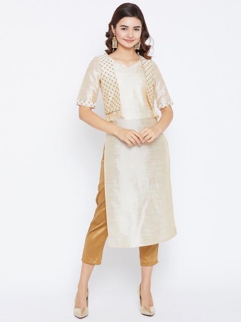 

PANIT Women Off-White & Gold-Toned Embroidered Straight Kurta