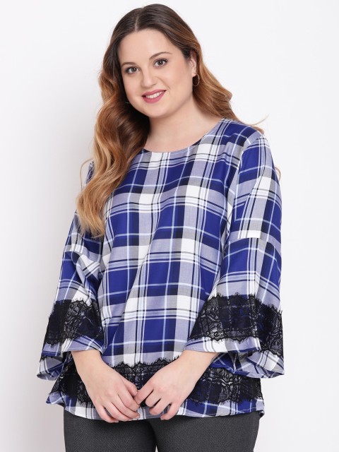 

The Pink Moon Women Navy Blue & White Checked Plus Size Regular Top with Lace Inserts