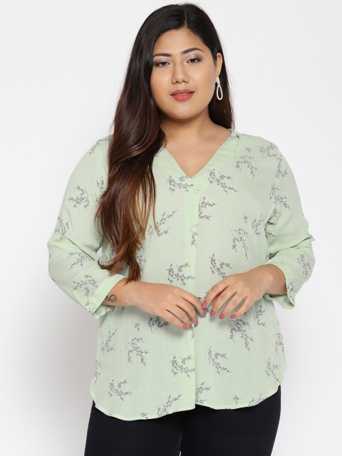 

The Pink Moon Women Mint Green & Navy Floral Print Plus Size Top