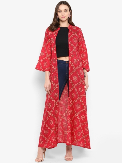 

Meeranshi Women Red & White Bandhani Printed Longline Ethnic Jacket