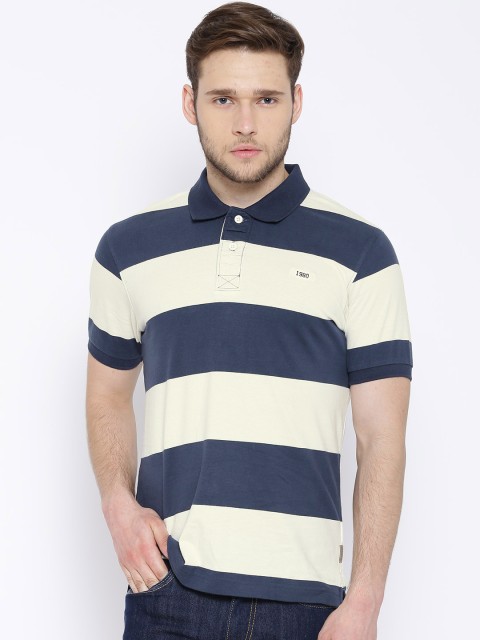 

Flying Machine Navy Nautical Striped Polo Pure Cotton T-shirt, Navy blue
