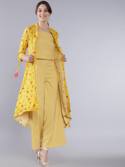 

Vishudh Women Yellow & White Striped Two-Piece Jumpsuit With Jacket