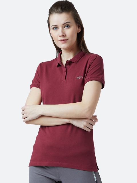

PERF Women Maroon Solid Mandarin Collar T-shirt