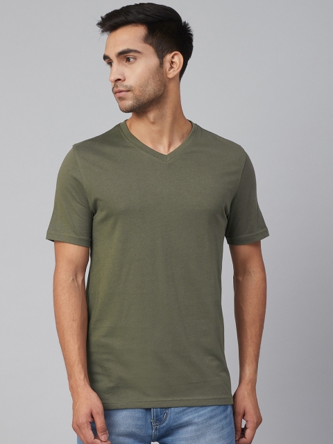 

Marks Spencer Men Olive Green Slim Fit Solid V-Neck Pure Cotton T-shirt