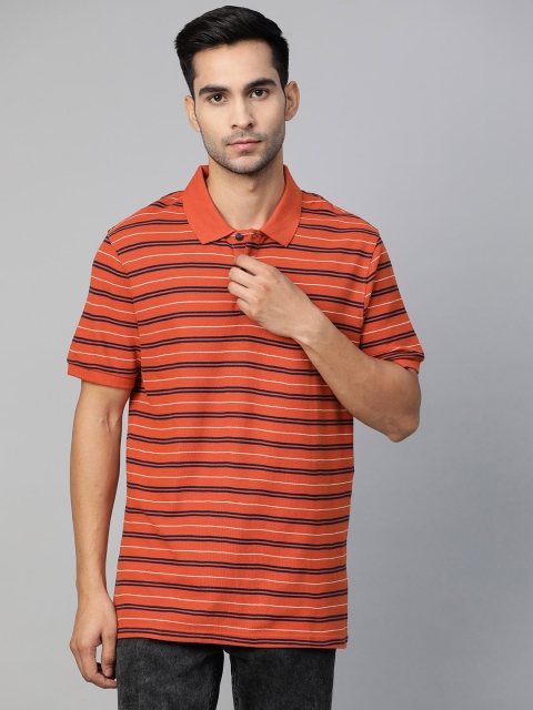 

Marks Spencer Men Orange Navy Blue Striped Polo Collar Pure Cotton T-shirt