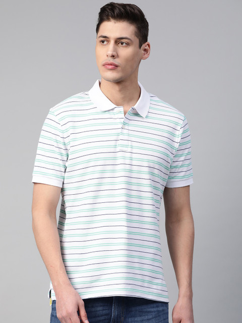 

Marks & Spencer Men White & Sea Green Striped Polo Collar T-shirt