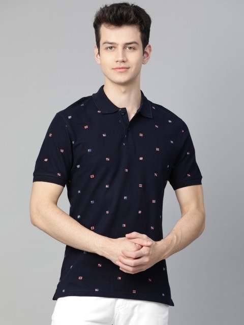 

Marks Spencer Men Navy Blue Printed Slim Fit Polo Collar Pure Cotton T-shirt