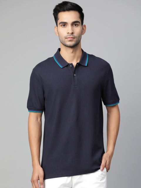 

Marks Spencer Men Navy Blue Solid Polo Collar Pure Cotton T-shirt
