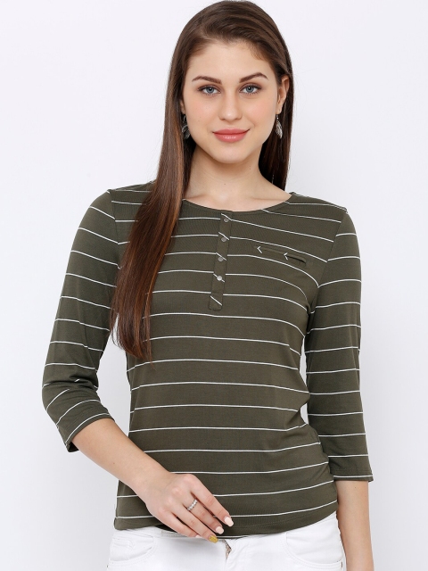 

Kraus Jeans Women Olive Green & White Striped Henley Neck T-shirt