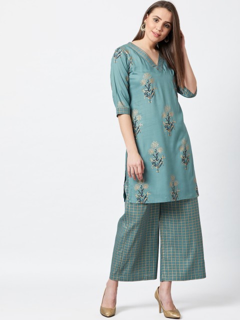 

PANIT Women Teal Blue & Beige Printed Kurta with Palazzos