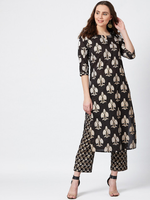 

PANIT Women Black & Beige Printed Kurta with Trousers