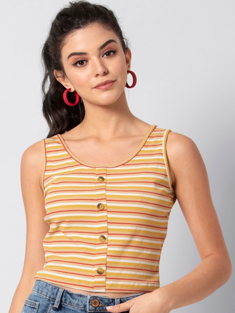 

FabAlley Women Yellow & White Striped Knitted Top