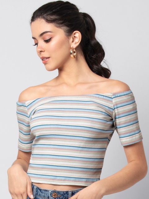 

FabAlley Women Multicoloured Candy Striped Bardot Crop Top, Multi