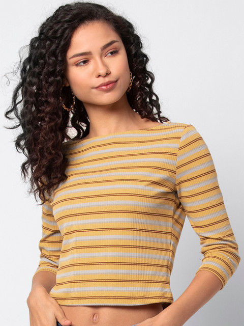 

FabAlley Women Yellow & Grey Striped Top