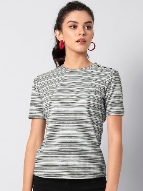 

FabAlley Women Grey & White Striped Knitted Top