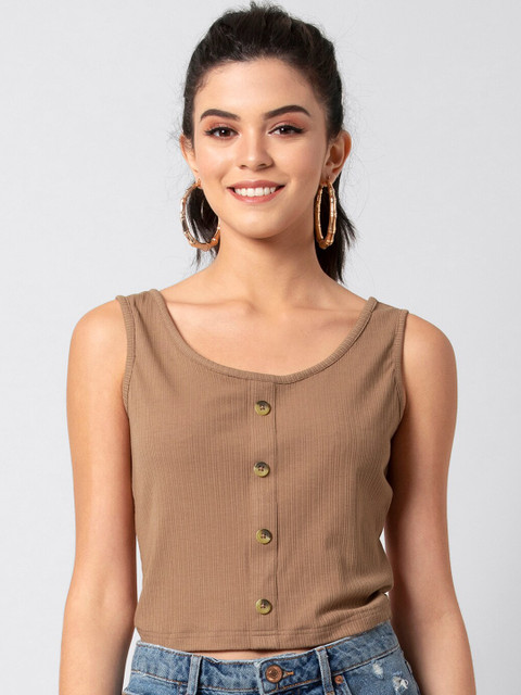 

FabAlley Women Beige Solid Tank Crop Top