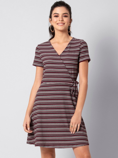 

FabAlley Women Maroon & White Striped Wrap Dress