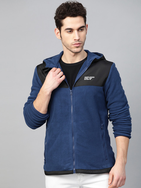 

Jack & Jones Men Blue & Black Colourblocked Fleece Tailored Jacket