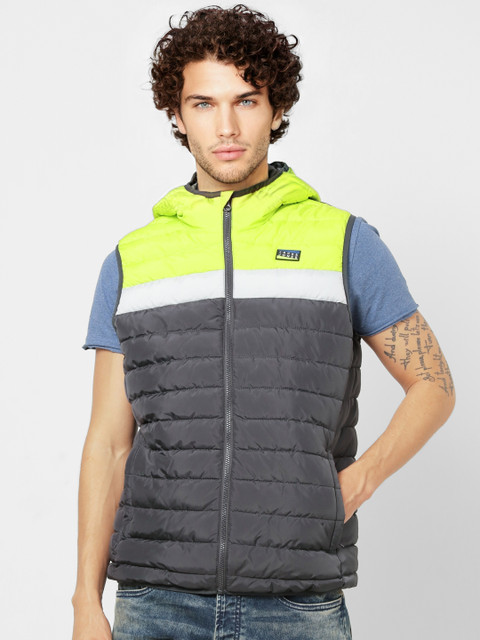 

Jack & Jones Men Charcoal Grey & Lime Green Colourblocked Hooded Padded Jacket