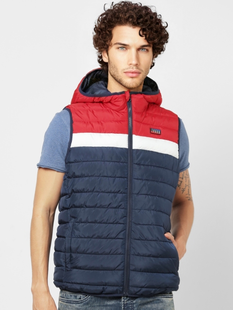 

Jack & Jones Men Navy Blue & Red Colourblocked Hooded Padded Jacket