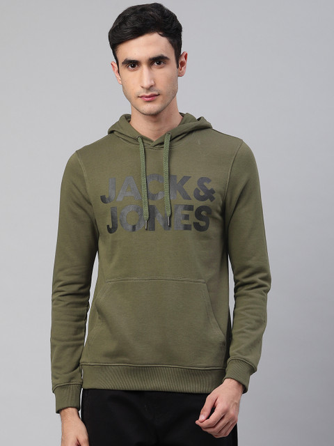 

Jack & Jones Men Olive Green Brand Logo Printed Hooded Sweatshirt