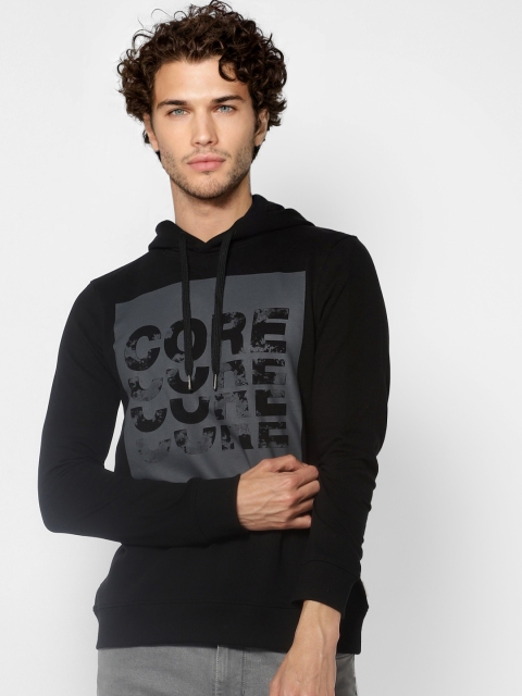 

Jack & Jones Men Black & Grey Printed Hooded Sweatshirt