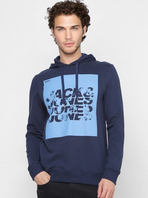 

Jack & Jones Men Blue Printed Hooded Sweatshirt