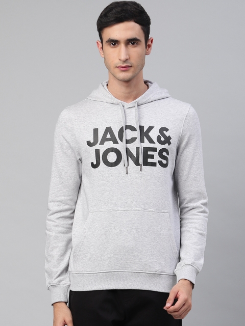 

Jack & Jones Men Grey Melange Brand Logo Printed Hooded Sweatshirt